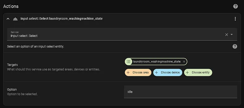 Action for re-setting the state of the washing machine in Home Assistant