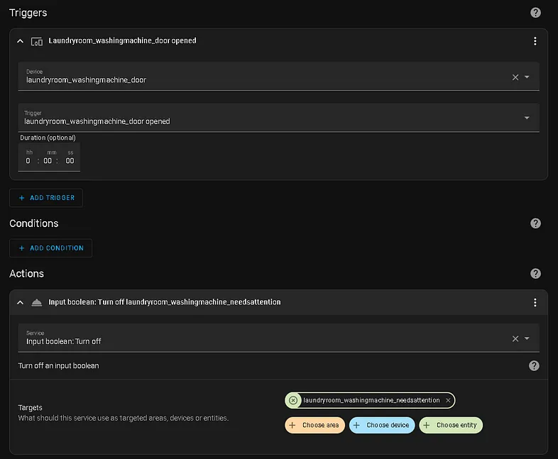 Automation for re-setting the attention helper of the washing machine in Home Assistant