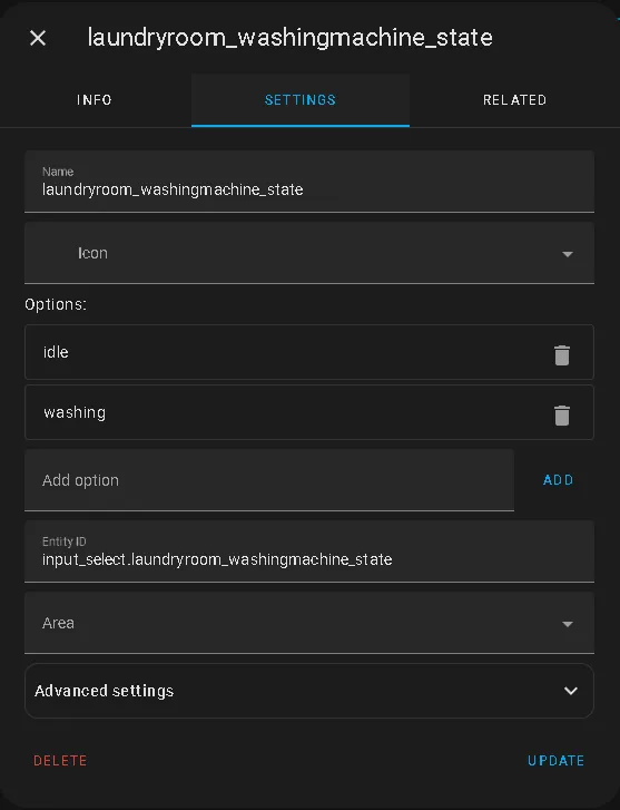 Helper sensor for the state of the washing machine in Home Assistant