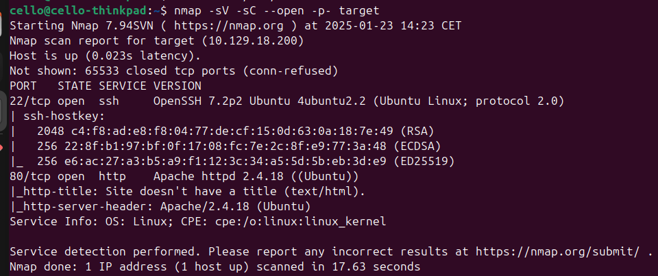 The result of the full Nmap scan of the target