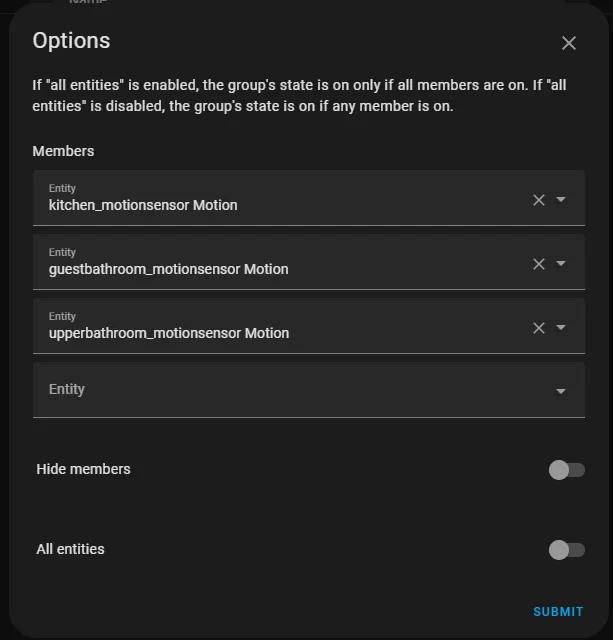 The group of motion sensors in Home Assistant