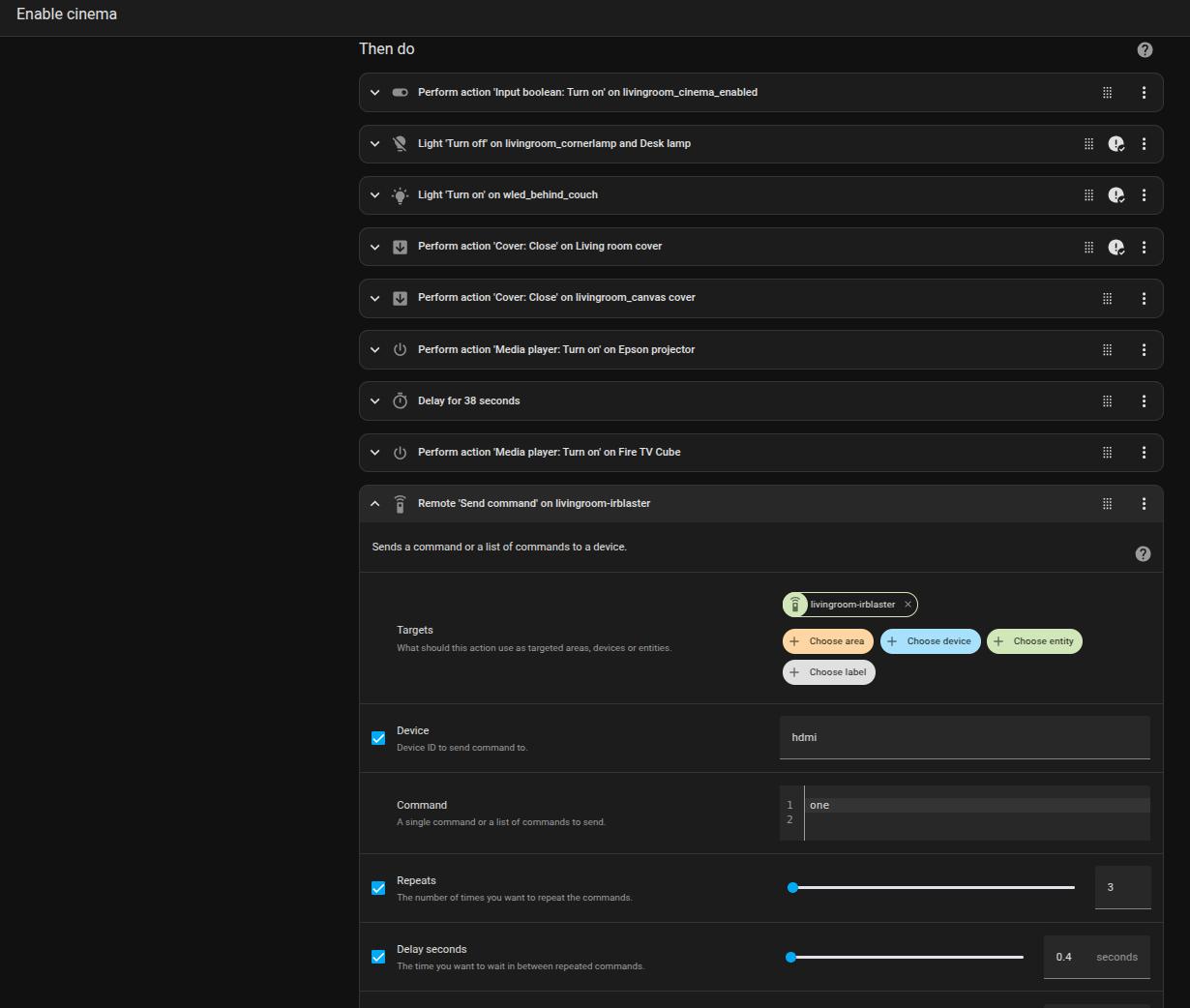 Switching to the correct HDMI source via the IR command in the automation for enabling my home cinema in Home Assistant