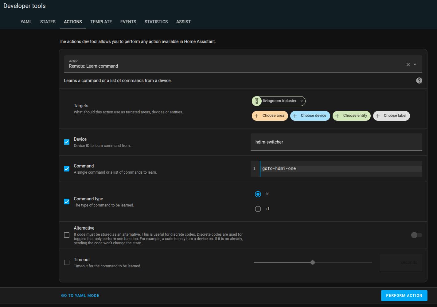Learning an IR command in Home Assistant’s Developer Tools to control an HDMI switcher