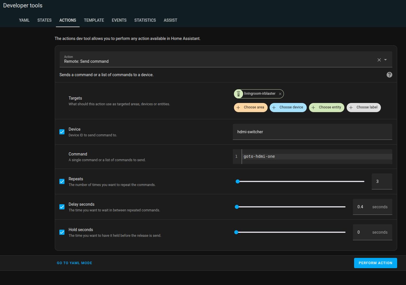 Re-Sending an IR command in Home Assistant’s Developer Tools to control an HDMI switcher