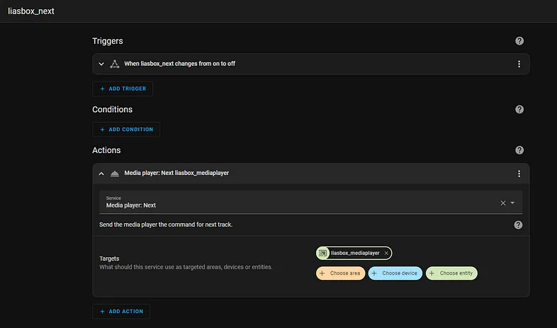 The automation for skipping to the next track in Home Assistant