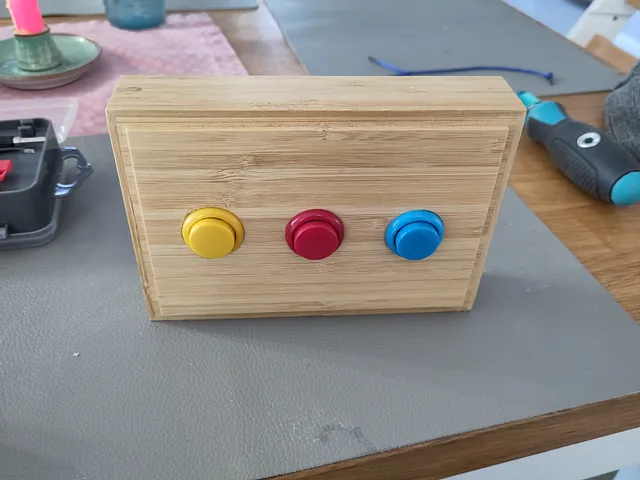 Top of the DIY music box with the three physical buttons